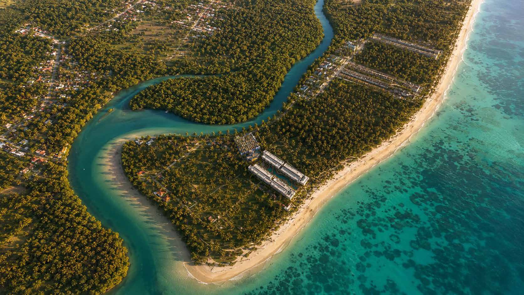 Vista aérea completa da região de Tatuamunha, com o rio e a orla, extraída do book